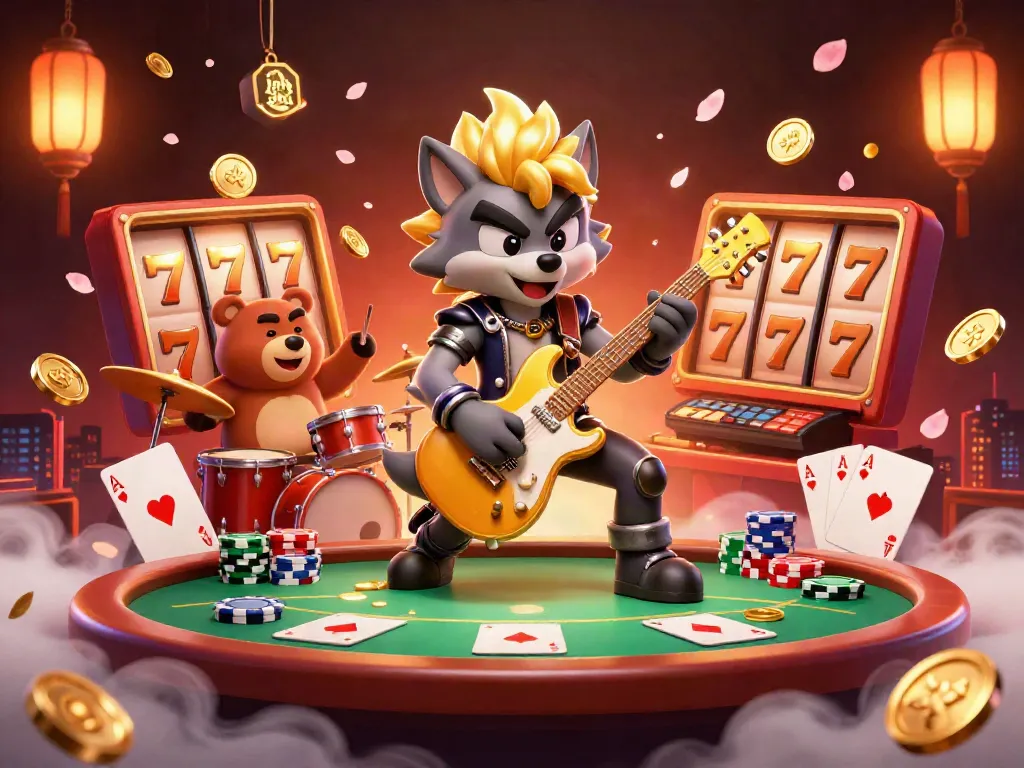 Play dynamic link slot games with a rock star wolf and drummer bear in a vibrant casino scene.