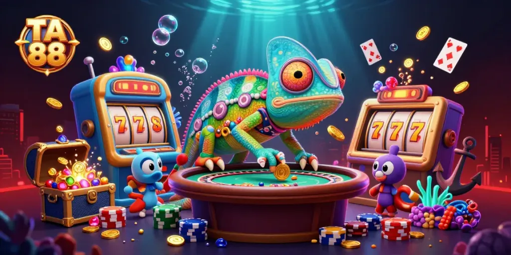 TA 88 showcases a vibrant casino scene with a colorful chameleon owner engaging in games, surrounded by floating cards and jackpot elements.