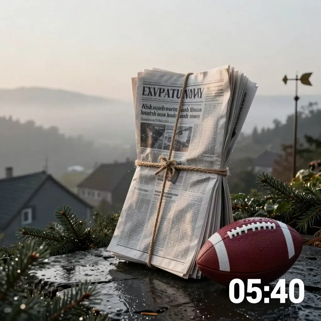 Bündel regionaler Blätter, Fußball und Wetterhahn auf nasser Steinterrasse im Morgennebel