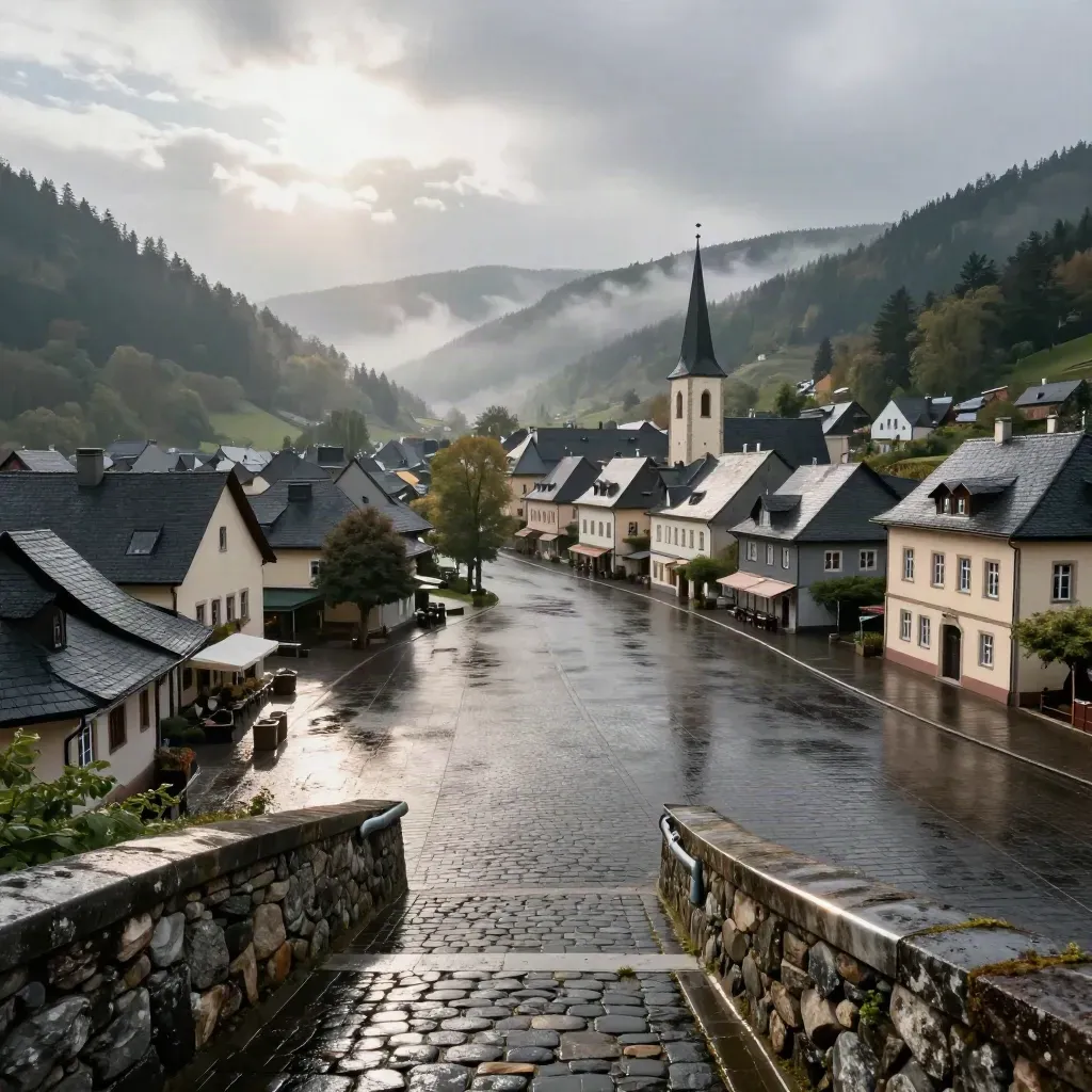 Leerer Schwarzwald-Ortskern nach Regen mit Kirchturm, Flussbiegung und aufreißenden Wolken.