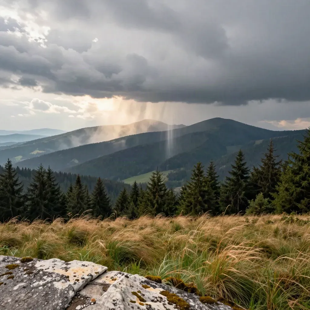 Gewitterwolken über dem Schwarzwald, ein Tal im Regen, andere Gipfel in Sonne.