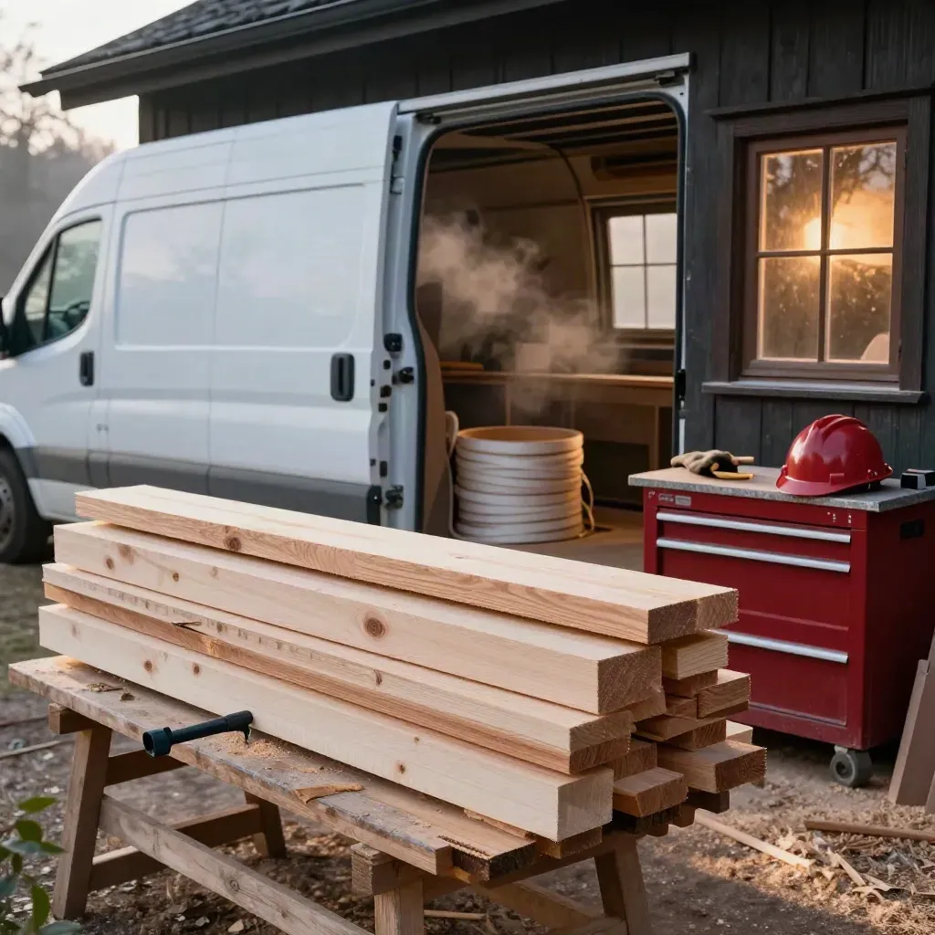 Holzlager im Morgenlicht mit offenem Transporter, Helm auf der Werkbank und rotem Akzent