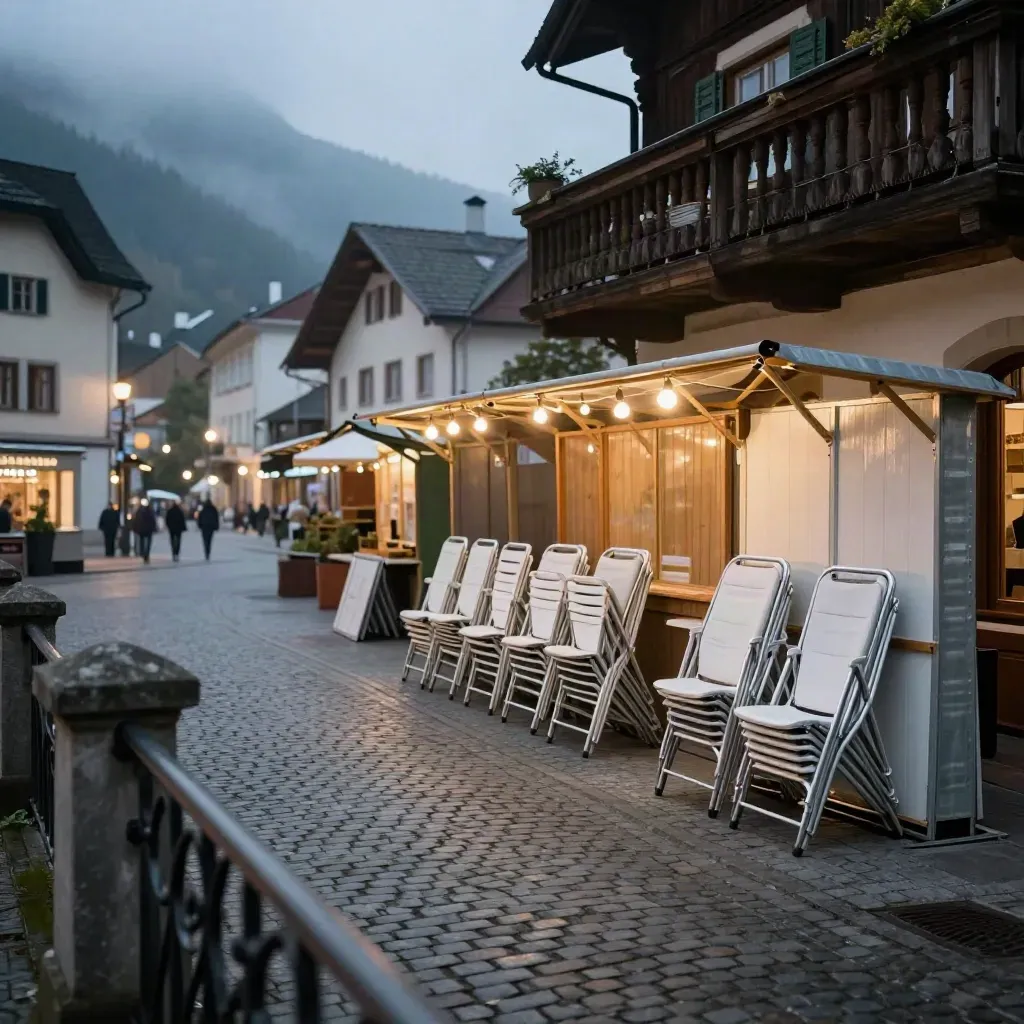 Leerer Marktplatz im Schwarzwald mit Stühlen, Ständen und Lichterketten bei Blaue Stunde.