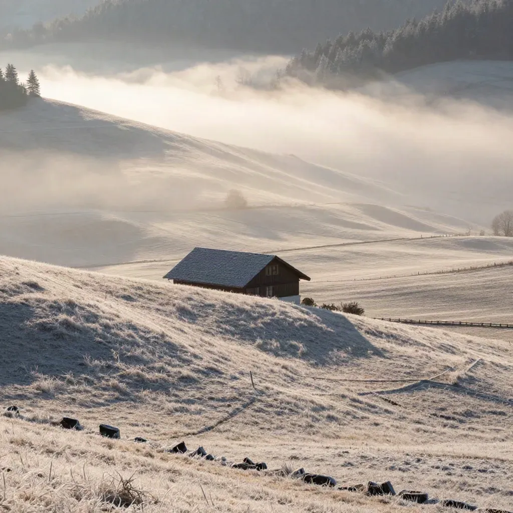 Frostige Schwarzwald-Wiese mit Nebel und eisbedecktem Dach im Morgenlicht.