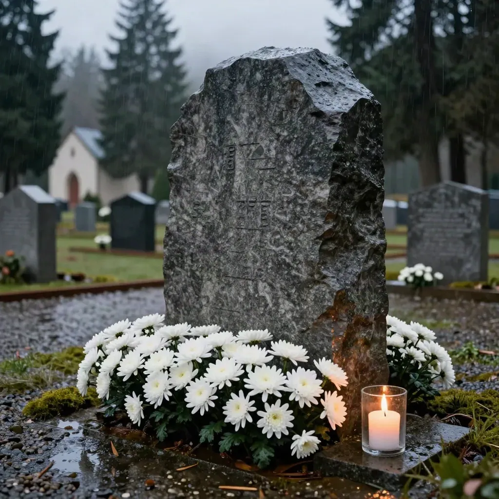 Grabstein mit weißen Chrysanthemen und brennender Kerze im nassen Friedhof