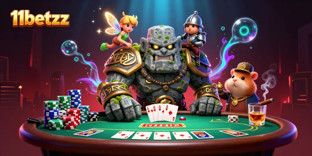 Experience thrilling casino adventures with characters in an interactive 11betzz scene featuring poker elements.