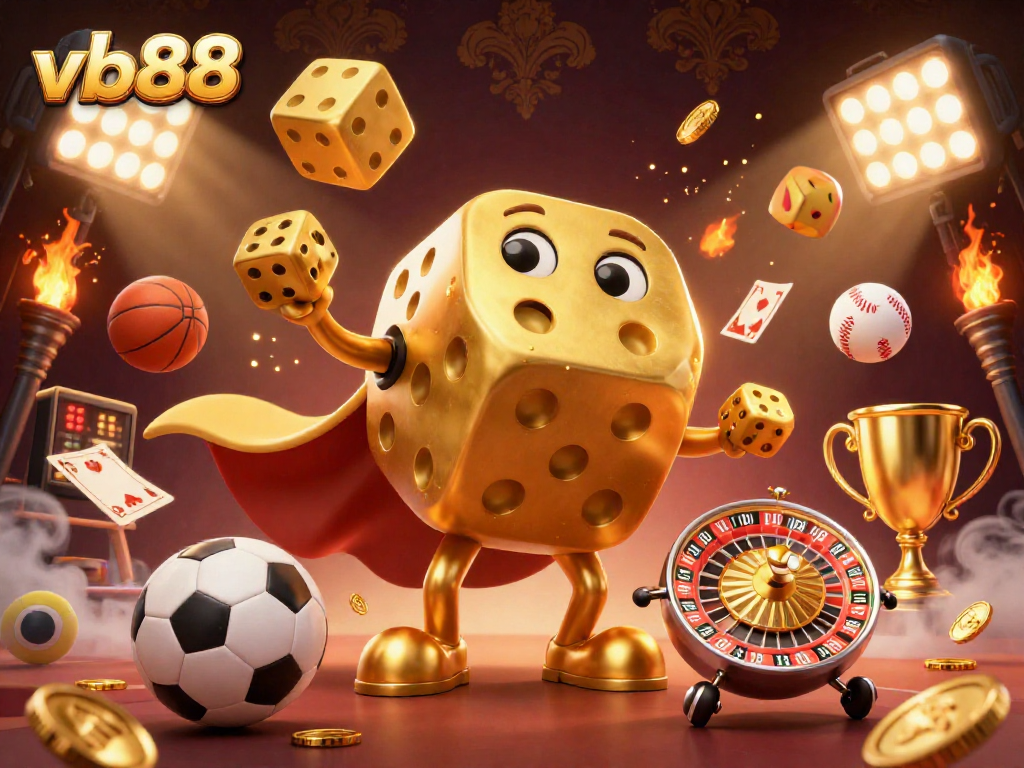 vb88 showcases a lively golden dice golem with smaller dice, sports balls, and a vibrant background.