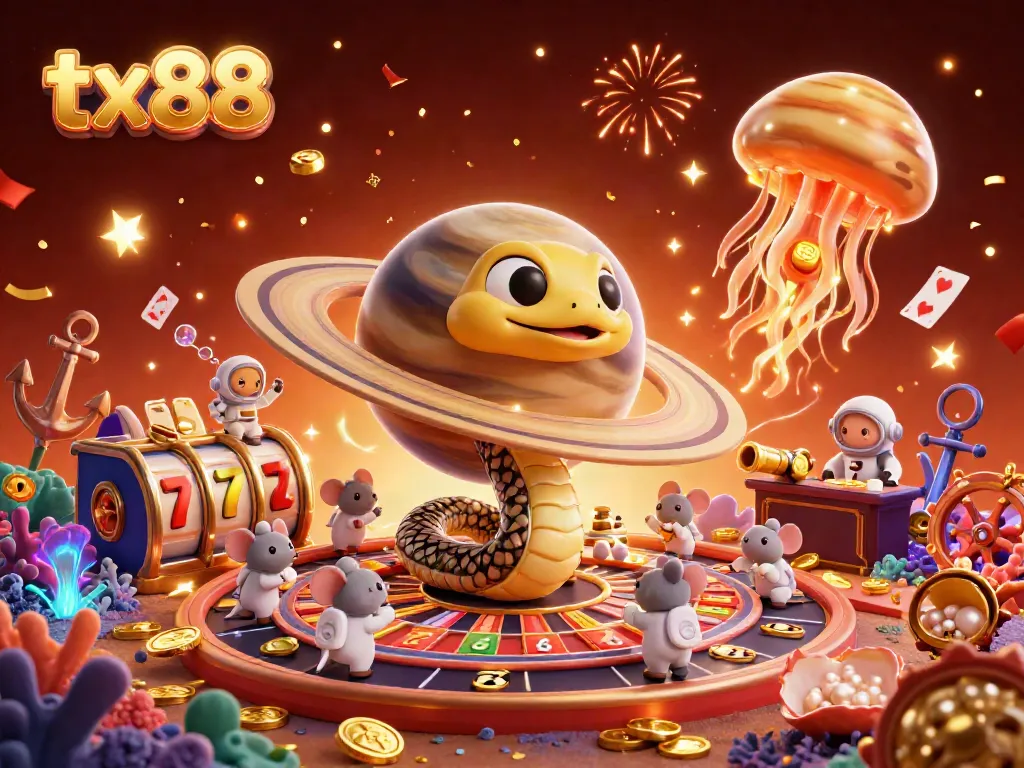 Experience thrilling action with tx88 as astronaut mice bet on Saturn's roulette rings in a vibrant cosmic casino.