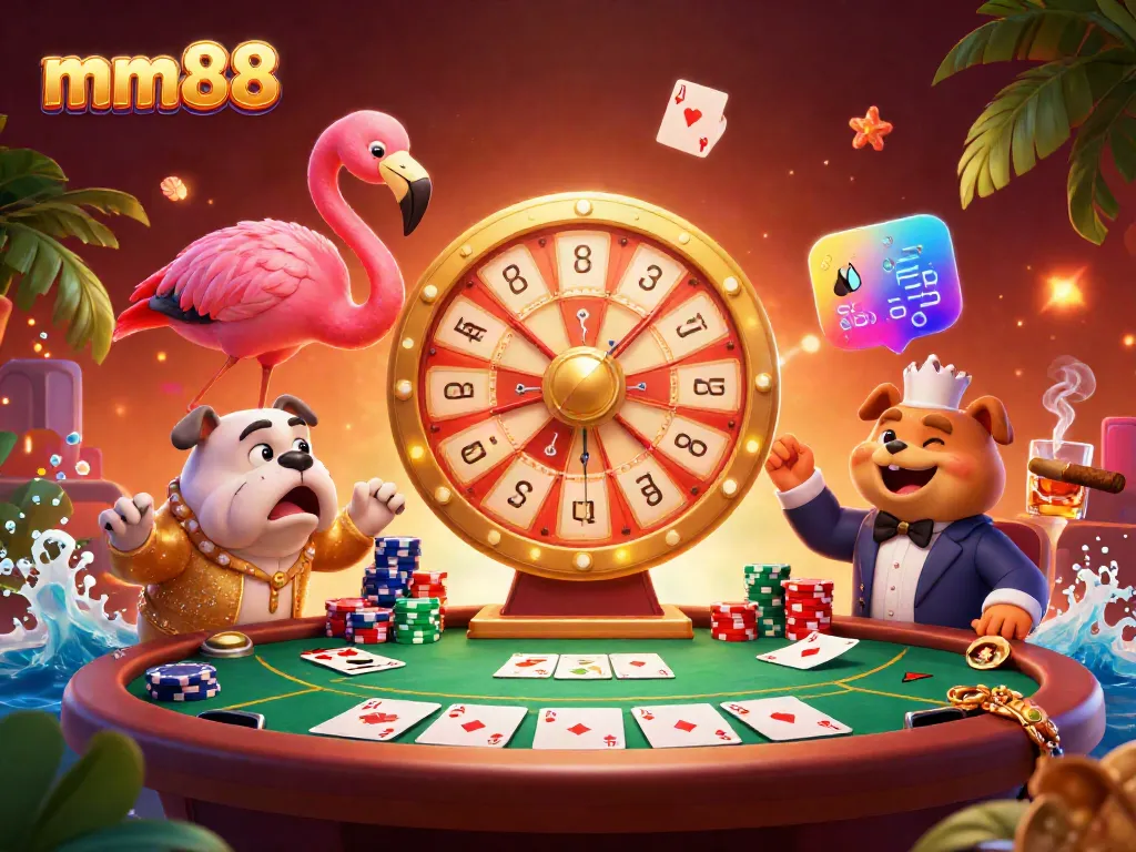 Excited bulldog contestant reveals mm88 casino prizes with game show host at the treasure wheel.