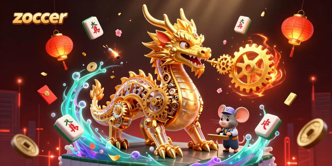 Zoccer showcases a golden dragon with clockwork internals in a vibrant casino scene filled with colorful elements.