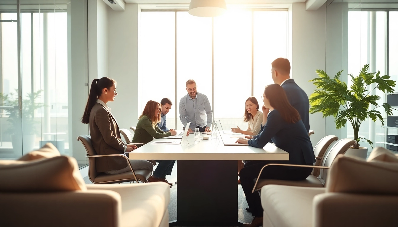 Headhunter IT team collaborating in a modern office environment, showcasing professionalism and teamwork.