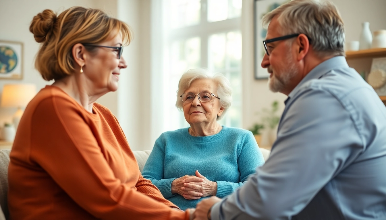 Enhance your understanding of pflegeberatung köln by visualizing a supportive conversation between a care consultant and elderly clients in a cozy setting.