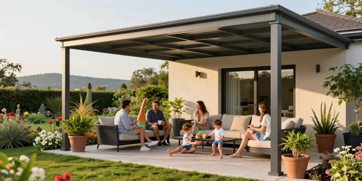 Moderne Terrassenüberdachung schafft einladende Familienatmosphäre im Garten