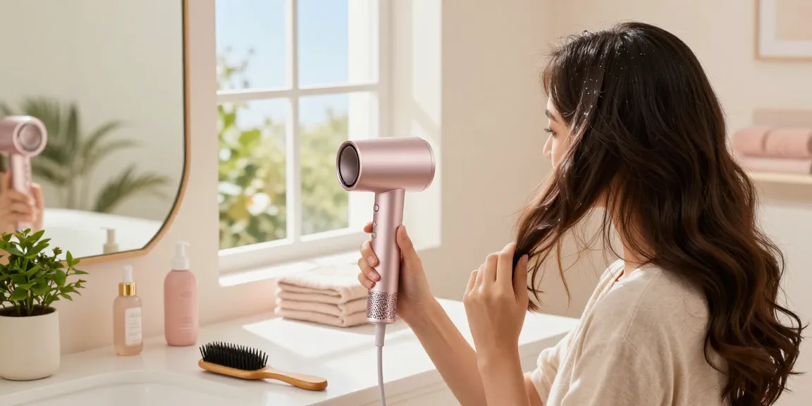 Woman using a mini blow dryer in a bright bathroom, surrounded by stylish beauty products.