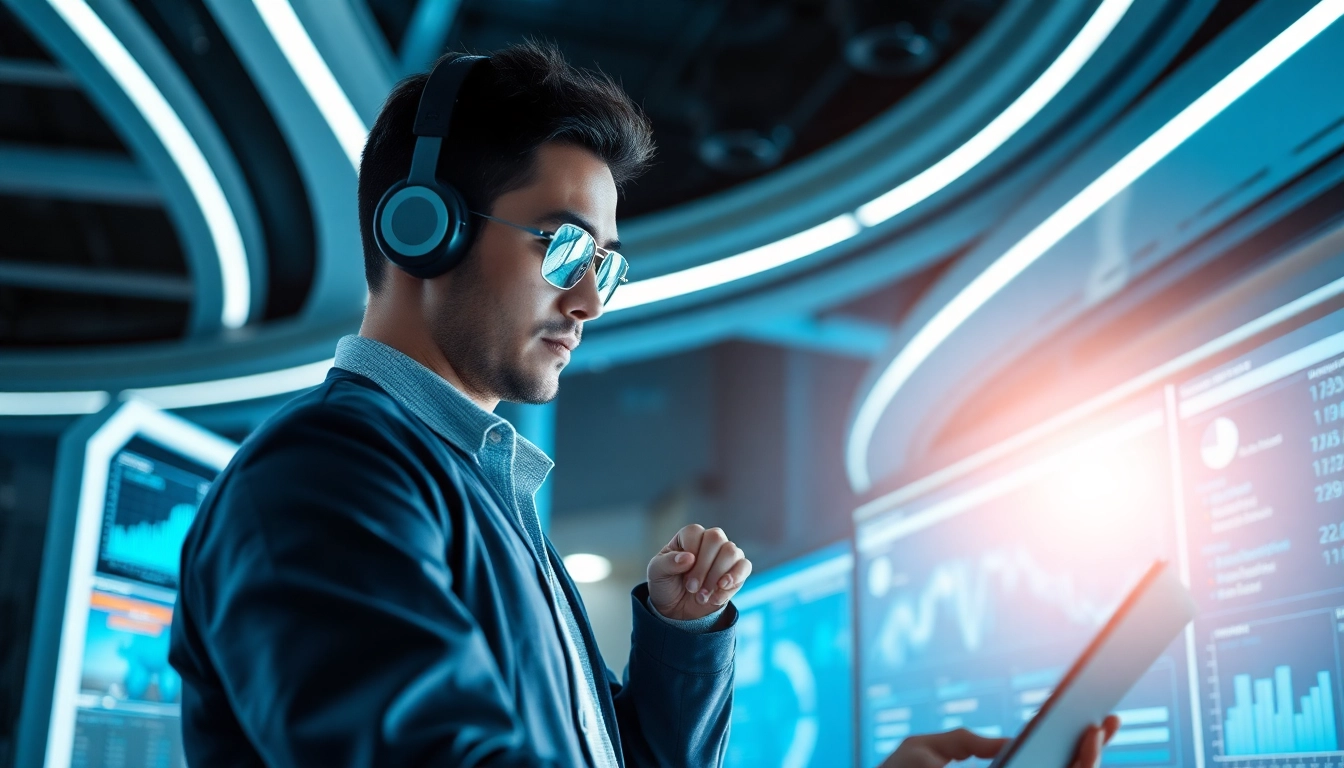 Evodrop Beobachter analysiert Daten in einem modernen, futuristischen Setting.