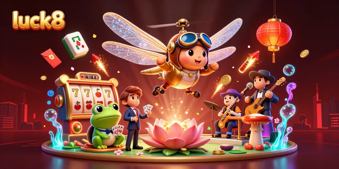 Engage with luck8 casino slots featuring a dynamic dragonfly pilot and frog croupier in vibrant scene