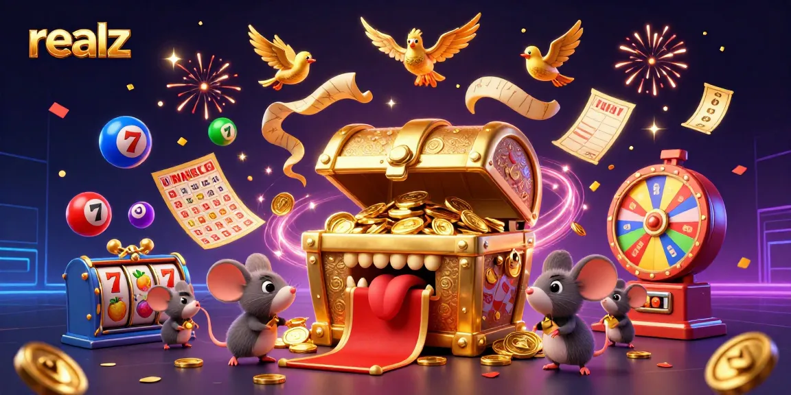 Experience realz casino thrills with vibrant slot reels and animated lottery balls in this dynamic 3D illustration.