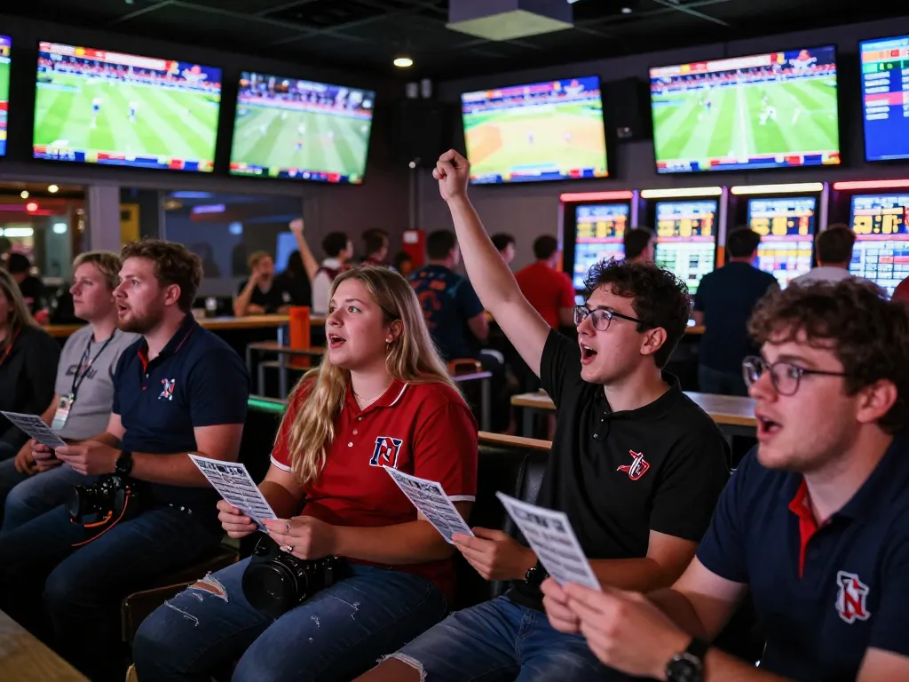 Engaged patrons analyzing kèo nhà cái at a vibrant sports betting bar with live games and bets.
