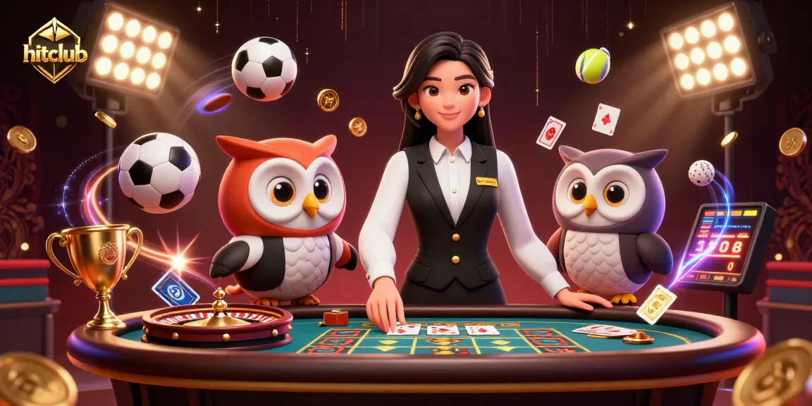 Hitclub's vibrant casino scene showcases a dealer and owl assistant amidst dynamic sports elements and energy.