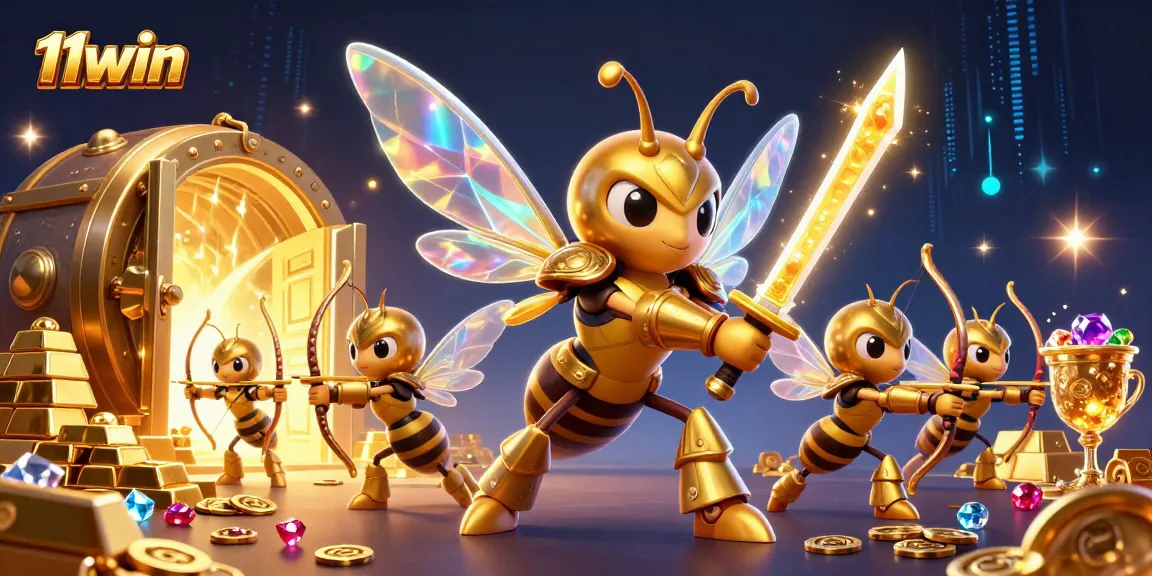 Win big at 11win with dynamic 3D characters and casino treasures in a vibrant illustration.