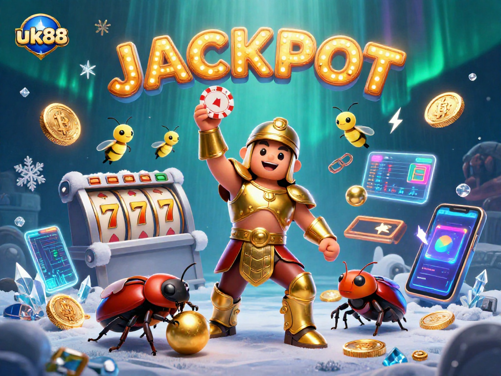 Experience the excitement of uk88 with vibrant gaming elements and characters capturing a jackpot.