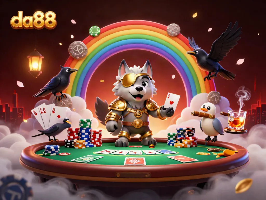 Engage in thrilling casino action with da88, featuring a Norse wolf and ravens surrounded by poker elements.