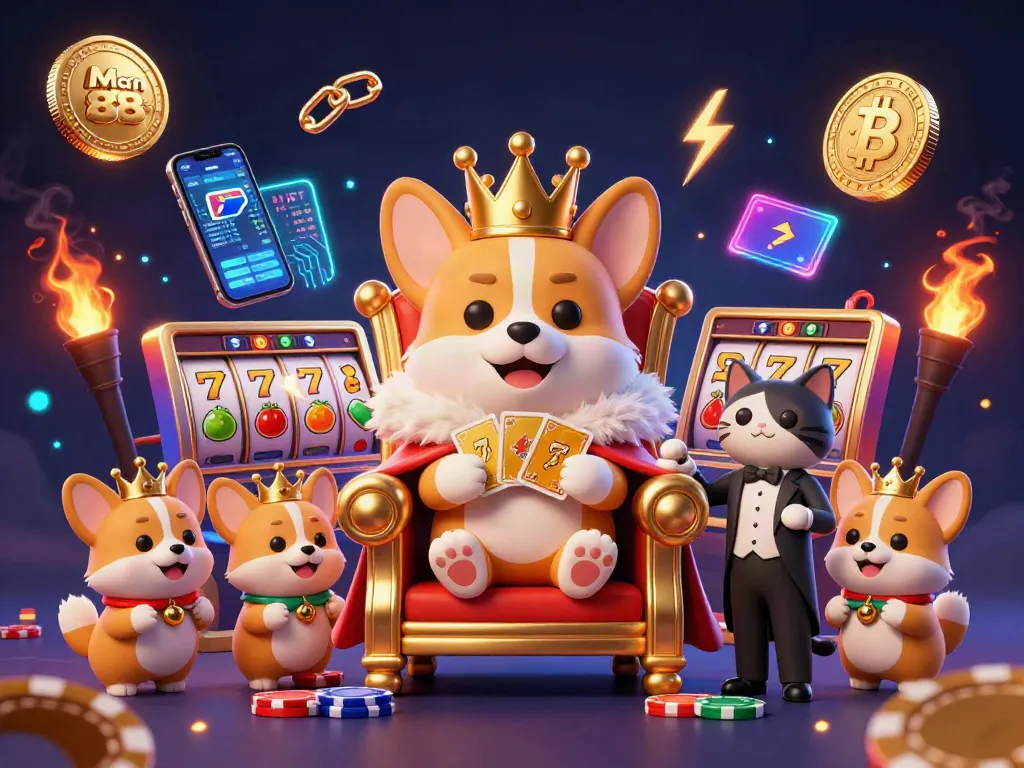 Enjoy vibrant gaming at Man 88 with a royal corgi and winning slot symbols illustration.