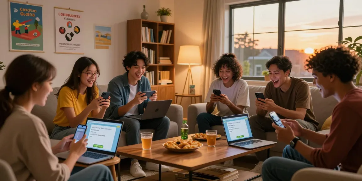 Gruppenspaß beim Quiz Allgemeinwissen in einem gemütlichen Wohnzimmer mit Laptops und Snacks.