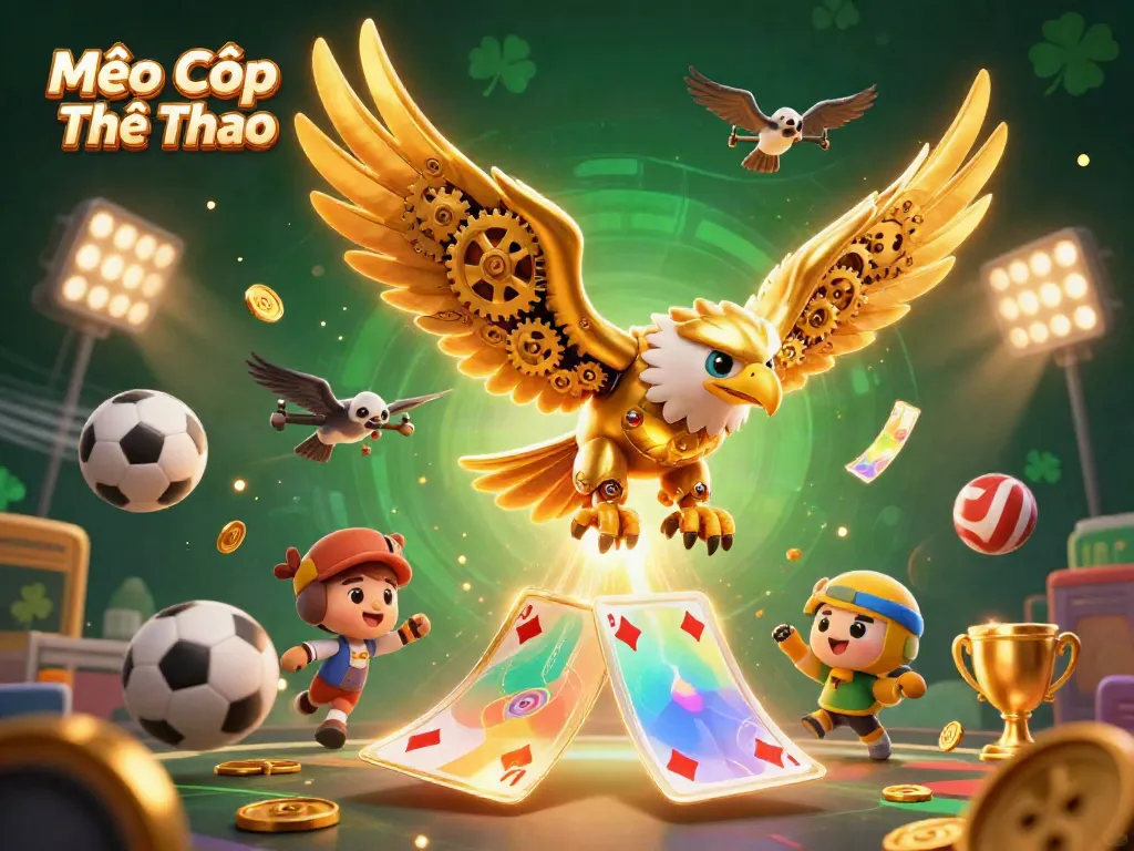 Mẹo Cược Thể Thao illustrated with a cybernetic eagle diving through vibrant betting symbols, showcasing sports excitement.