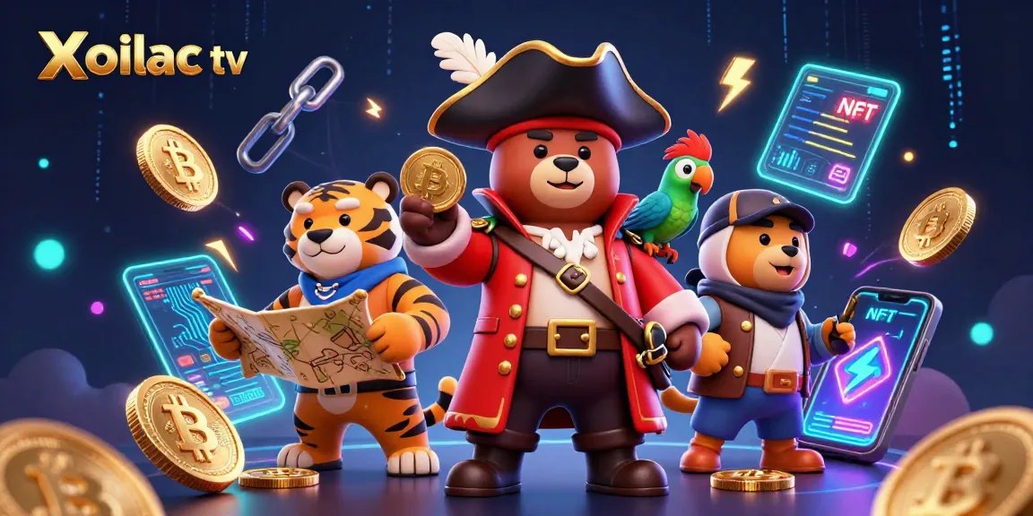 Xoilac tv showcases a pirate crew navigating the digital treasure of cryptocurrency in a vibrant casino world.