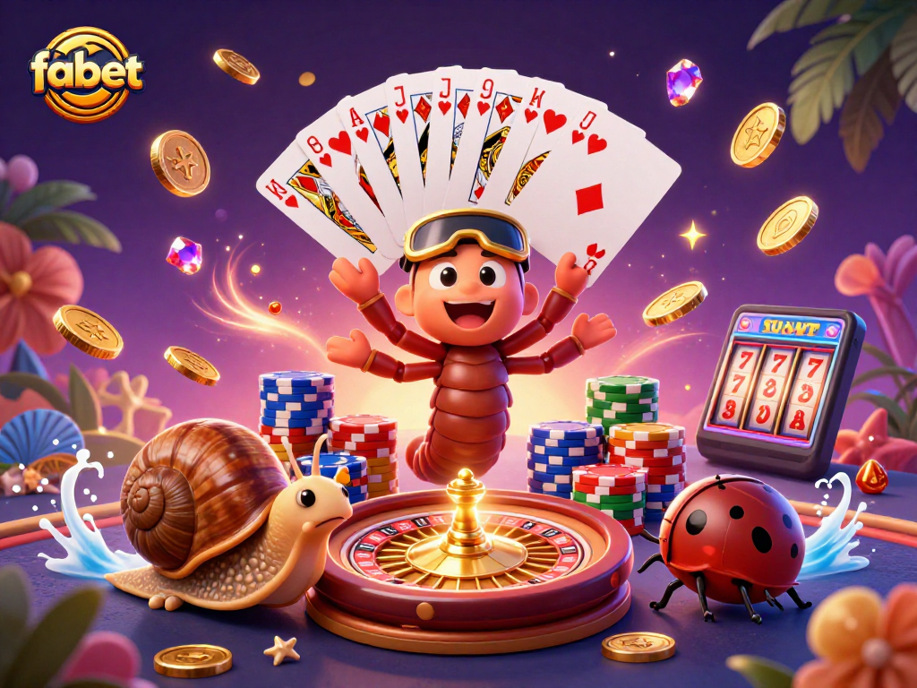 Experience the excitement of fabet with a vibrant 3D scene showcasing a cartoon dealer and colorful casino elements.