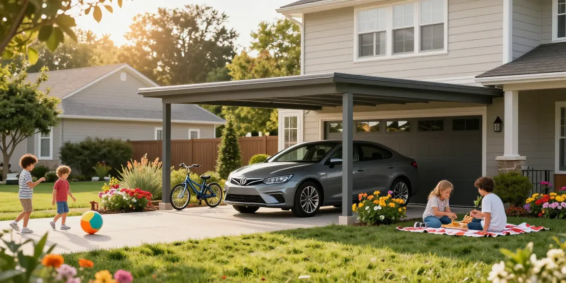Moderner Carport schützt Fahrzeug in einem einladenden Garten mit spielenden Kindern.
