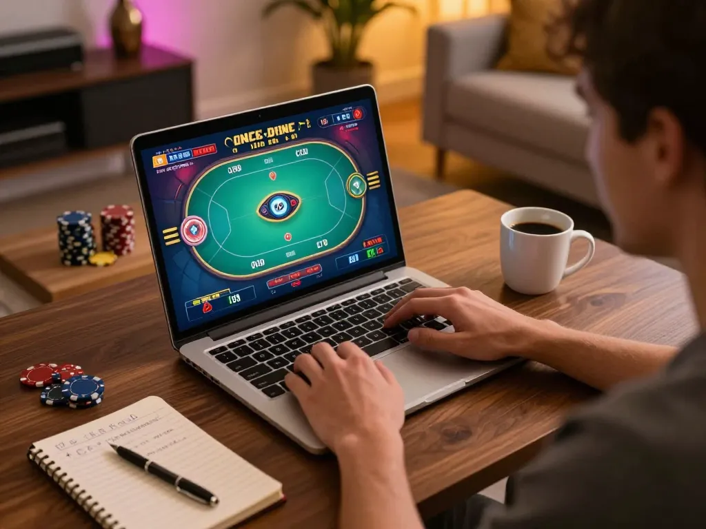 Plagiat scannen while engaging in online poker game, showcasing player's focused strategy