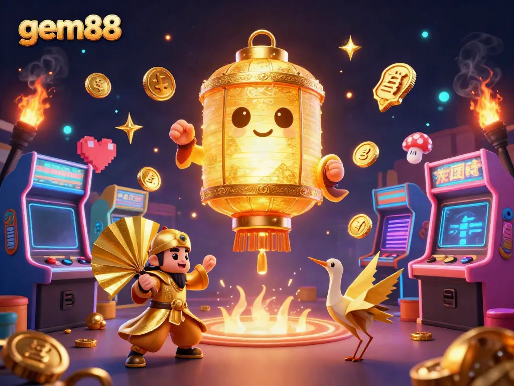 Experience the vibrant energy of gem88 as the glowing lantern spirit illuminates the casino scene with golden companions.