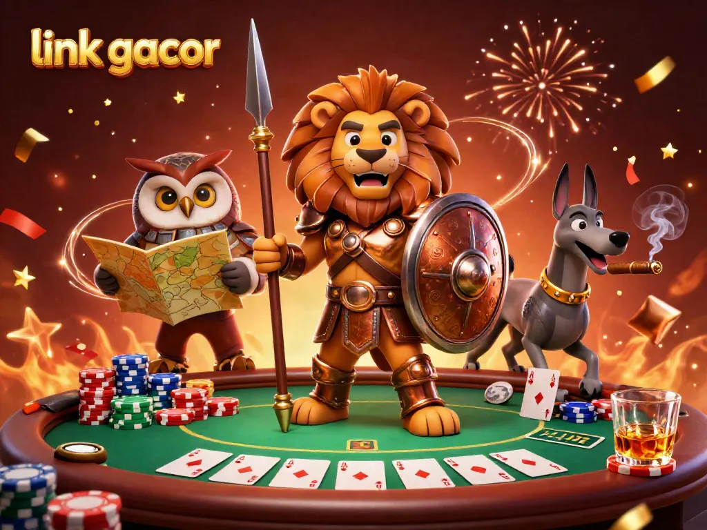 Engage in thrilling gameplay with link gacor, featuring a Spartan lion, tactical owl, and swift greyhound in a vibrant casino scene.