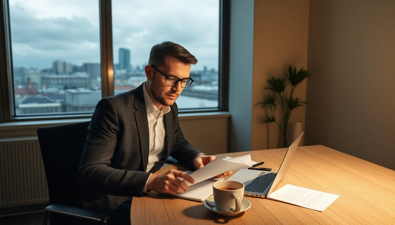 Headhunter Köln bei der Arbeit im modernen Büro mit Kölner Skyline im Hintergrund.