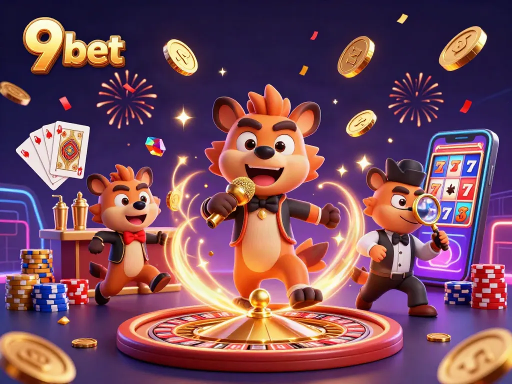 9 bet players enjoying a dynamic casino atmosphere with vibrant characters and exciting games.