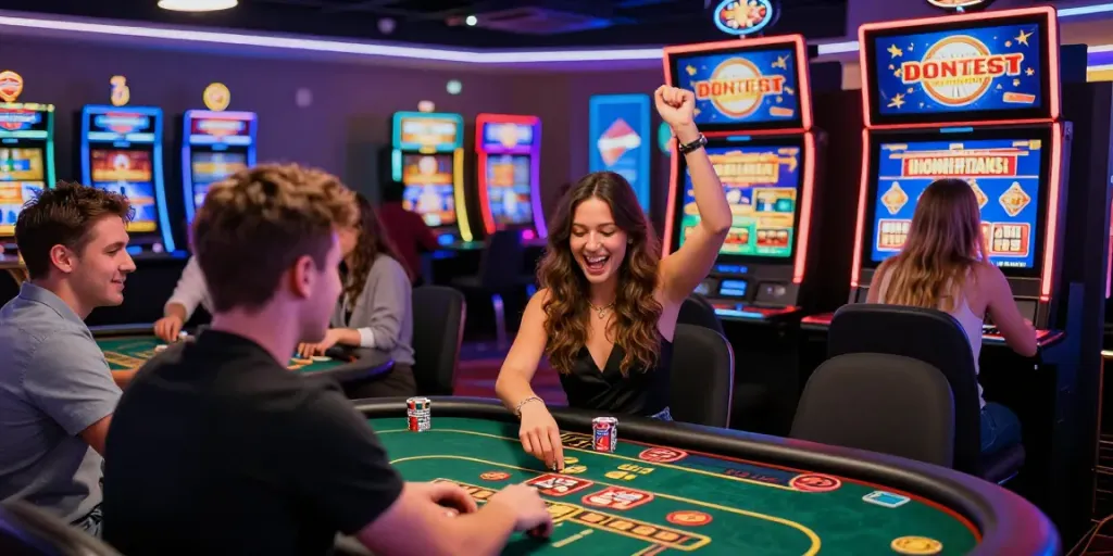 Erleben Sie neue Online Casinos für Österreich in einem lebhaften Casino-Umfeld mit Spielern und bunten Spielautomaten.