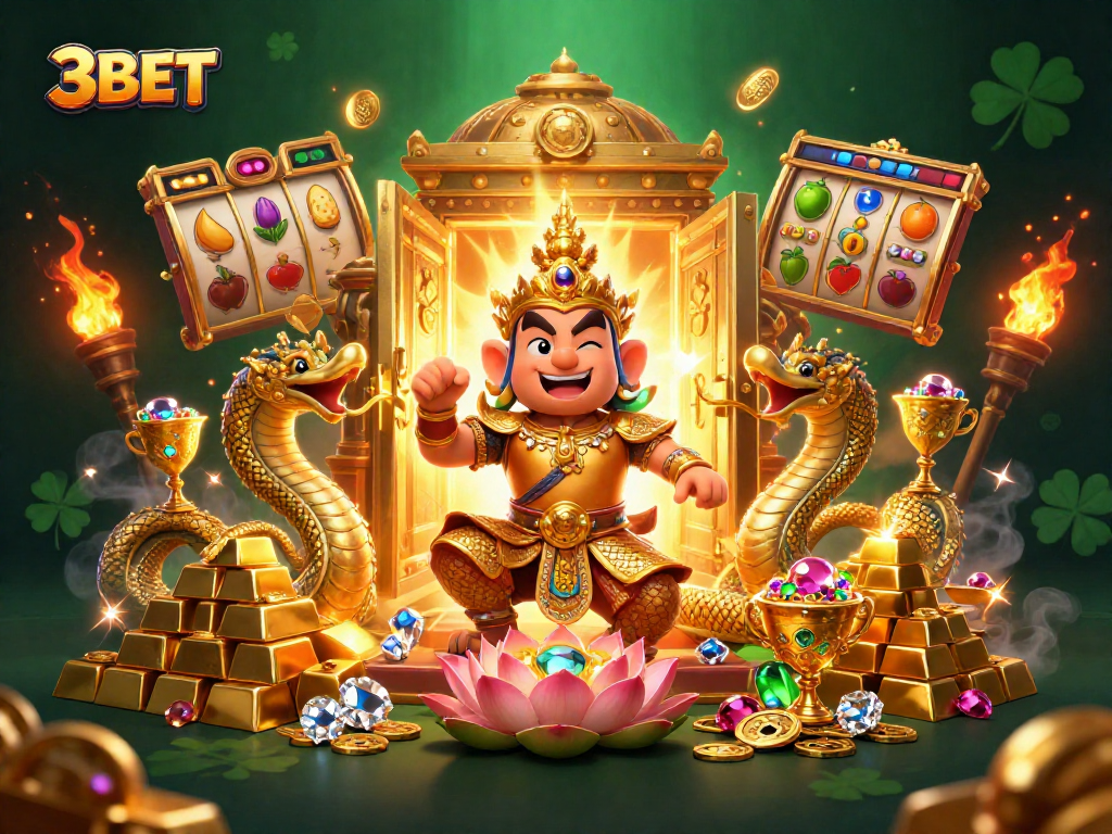 Experience the thrill of 3BET with a vibrant 3D guardian and treasures in a casino setting.