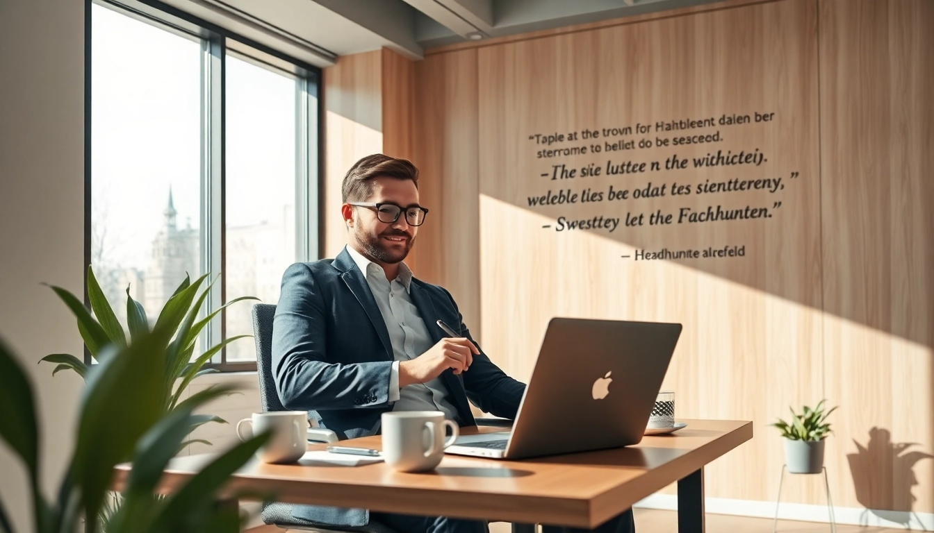 Professioneller Headhunter Krefeld bei der Arbeit in einem modernen Büro, umgeben von Notizen und Laptop.