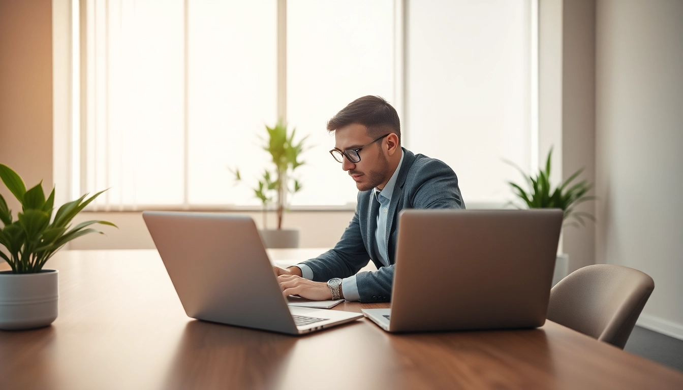 Headhunter Essen bei der Arbeit in modernem Büro mit Laptop und pflanzlicher Dekoration.