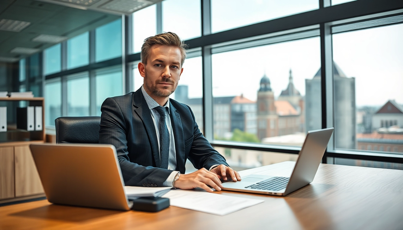 Headhunter Rostock in einem modernen Büro, der engagiert am Schreibtisch arbeitet.
