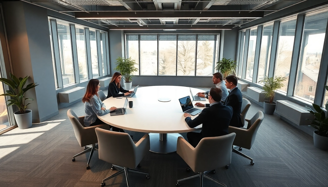 Headhunter Mühlheim: Modernes Bürointerior für effiziente Personalvermittlung, das Teamdiskussionen in einem professionellen Setting zeigt.