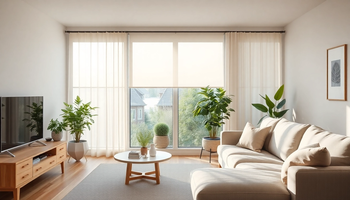 Plissee ohne Bohren zeigt modernes, lichtdurchflutetes Wohnzimmer mit minimalistischem Design.