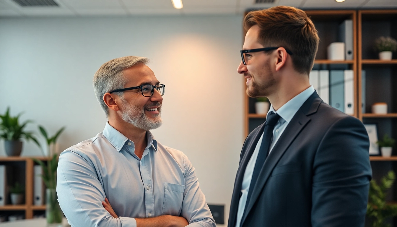 Berater für Personalvermittlung diskutiert mit einem Kunden in modernem Büro.