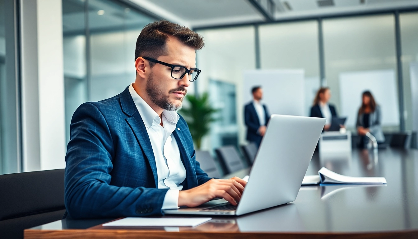 Headhunter Vertrieb arbeitet engagiert an einem Laptop in einem modernen Büro.