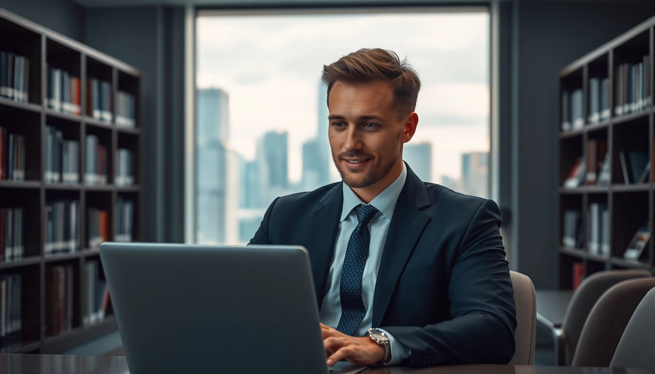 Professioneller Headhunter arbeitet in modernem Büro mit Laptop und Stadtblick.
