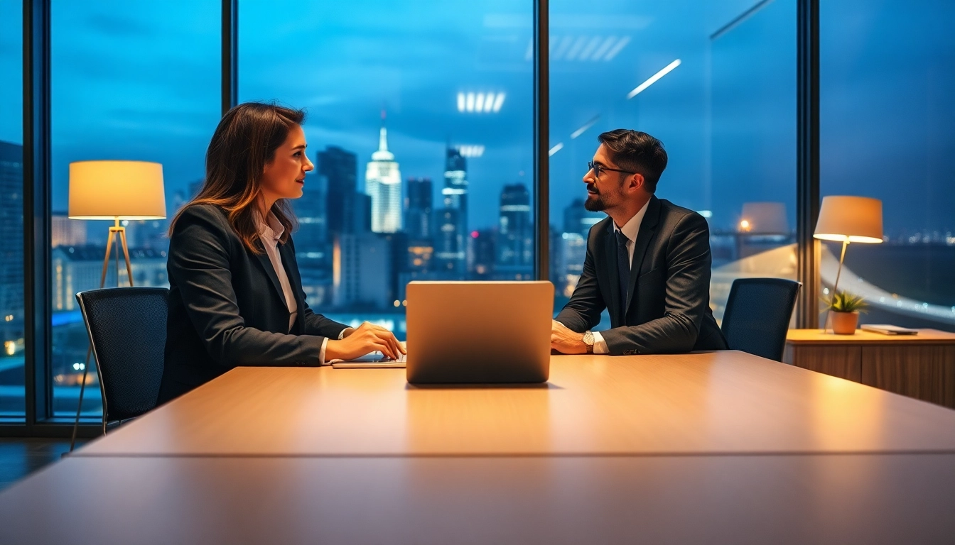Consultation scene featuring Headhunter Leverkusen at a modern office desk.
