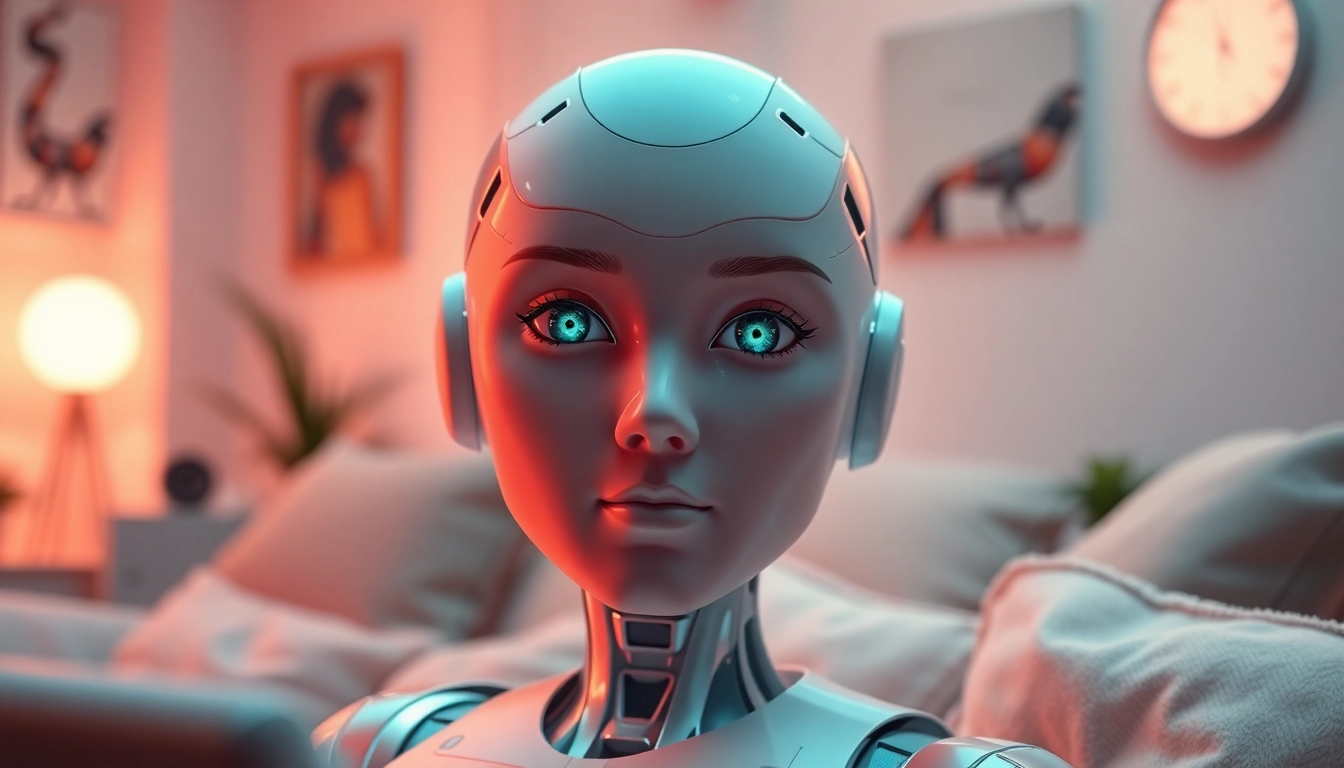 Intriguing AI sex bot engaging in a warm conversation in a cozy digital ambiance.