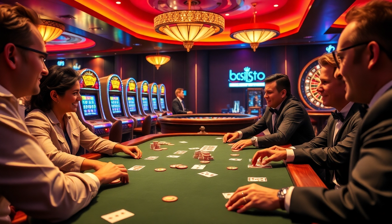 Players enjoying intense poker action at the b52 club casino table, surrounded by vibrant slot machines and luxury.